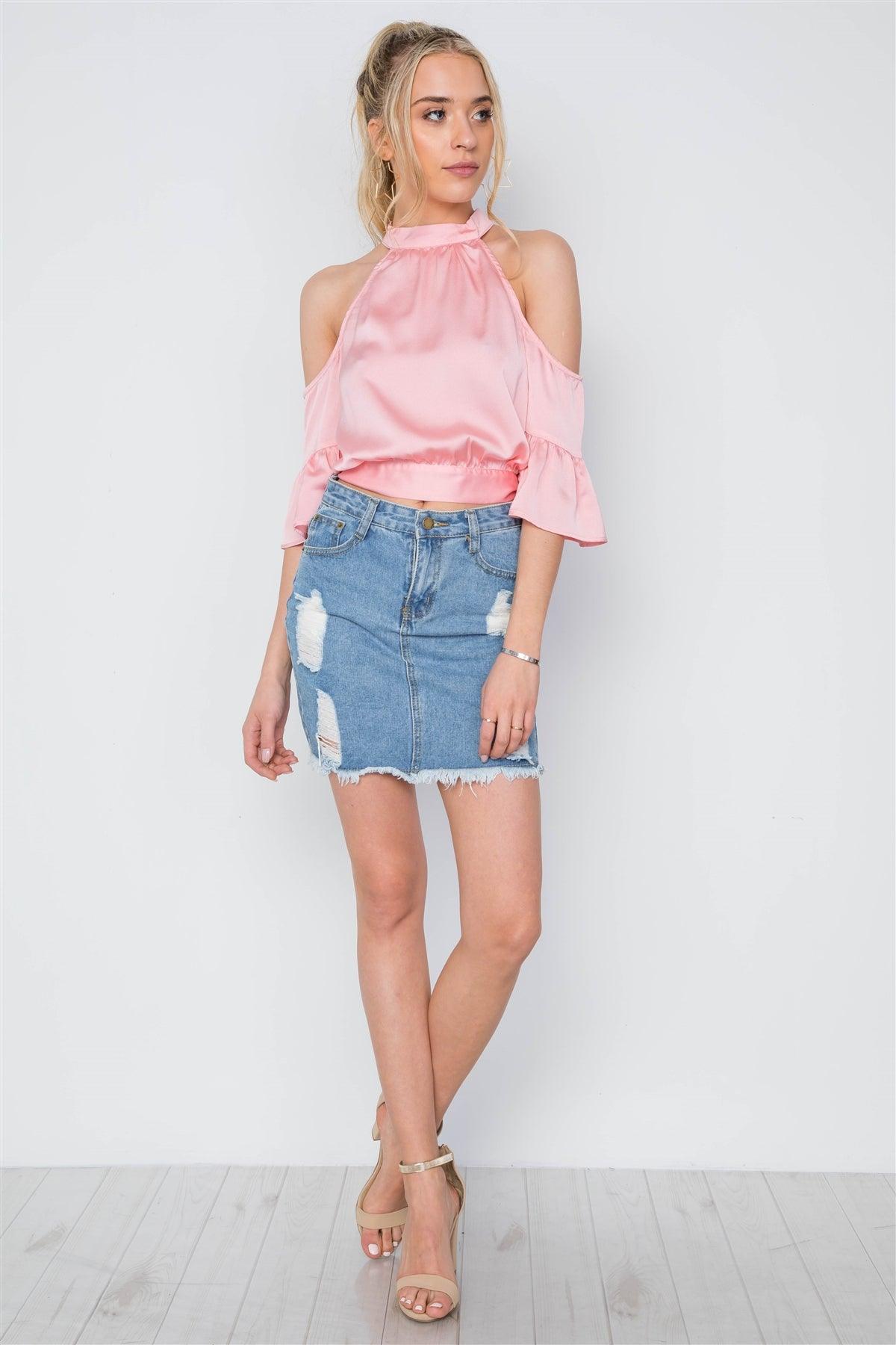 Pink Cold Shoulder Mock Neck Ruffle Sleeves Top /2-2-2