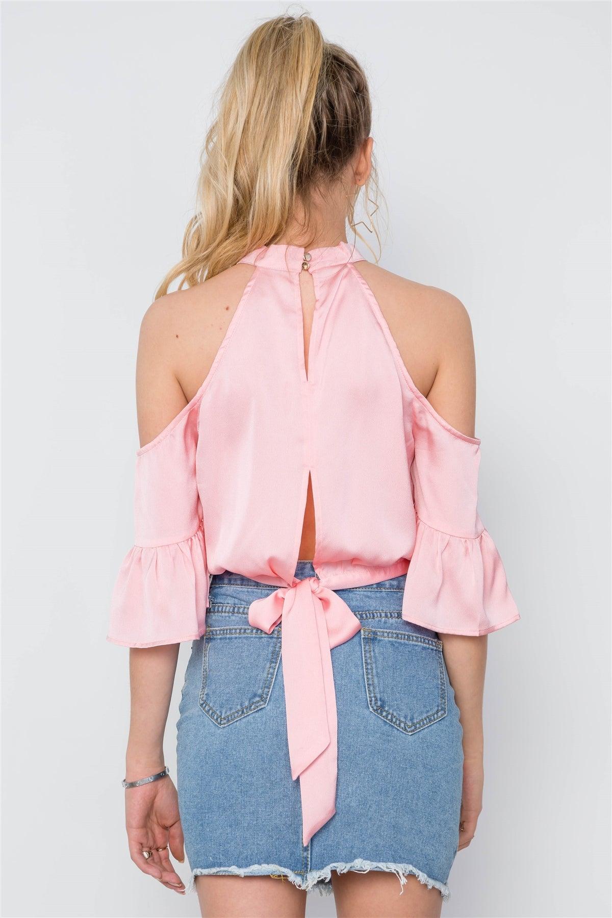 Pink Cold Shoulder Mock Neck Ruffle Sleeves Top /2-2-2