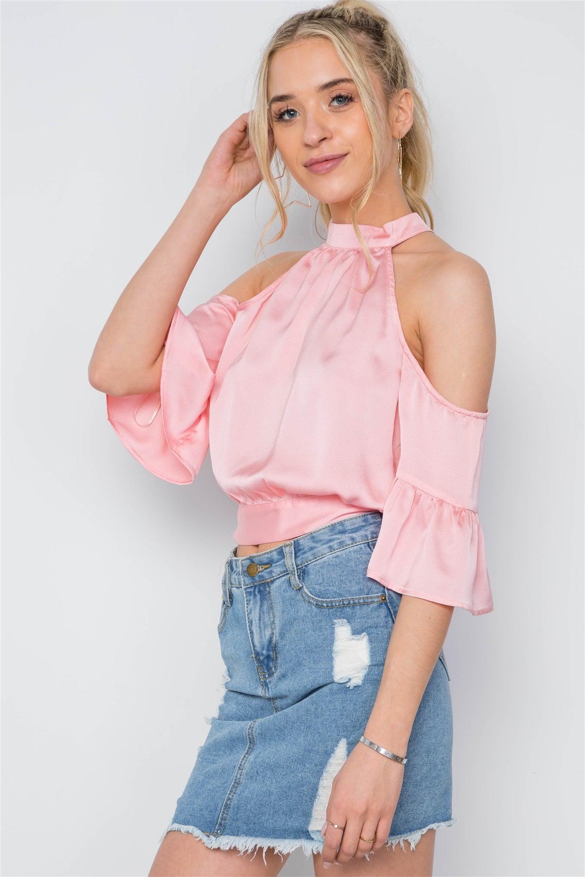 Pink Cold Shoulder Mock Neck Ruffle Sleeves Top /2-2-2