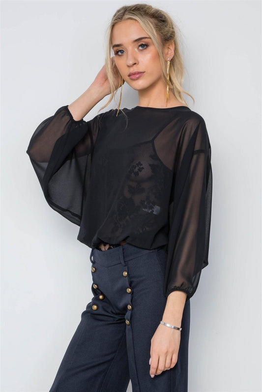 Black Combo Lace Chiffon Batwing Bodysuit /2-3-2