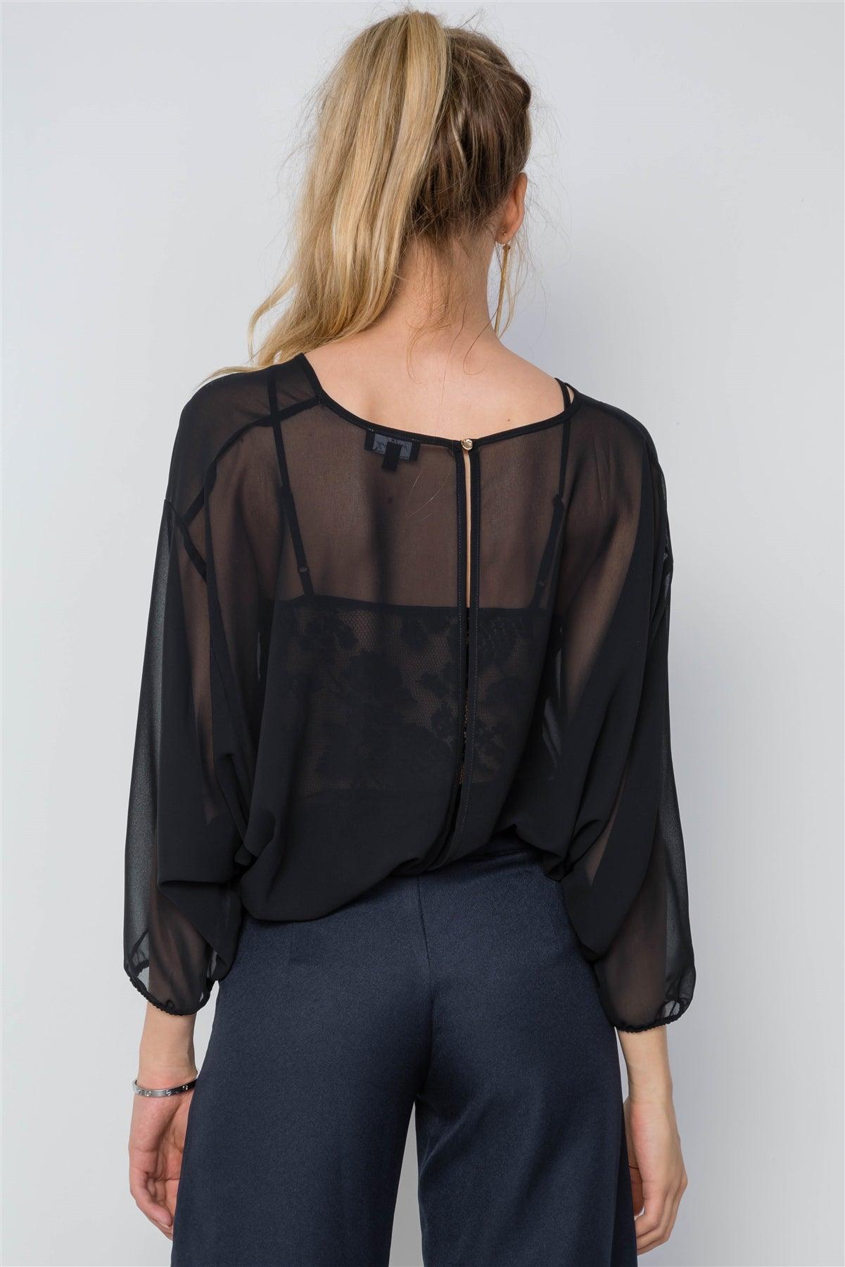 Black Combo Lace Chiffon Batwing Bodysuit /2-3-2