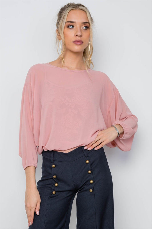 Blush Combo Lace Chiffon Batwing Bodysuit /2-2-2