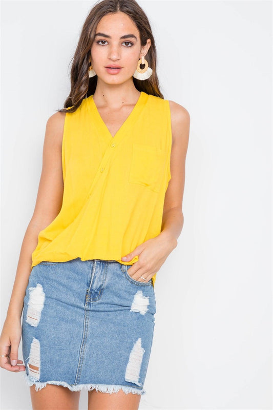 Yellow Surplice Neck Button Front Sleeveless Top