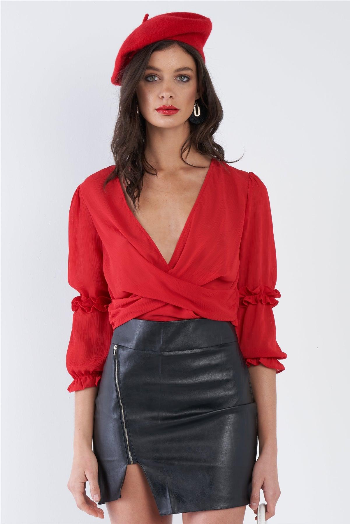 Red Sheer Chiffon Tiered Ruffle Puff Sleeve Crop V-Neck Top /2-2-2