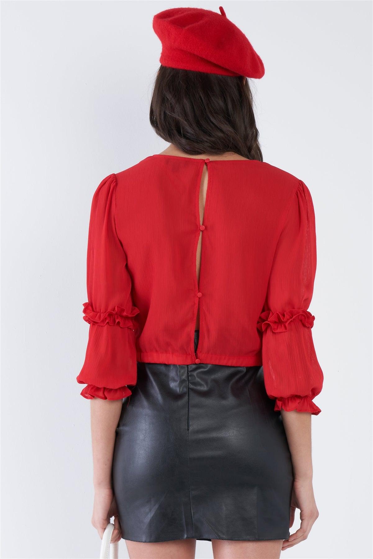 Red Sheer Chiffon Tiered Ruffle Puff Sleeve Crop V-Neck Top /2-2-2