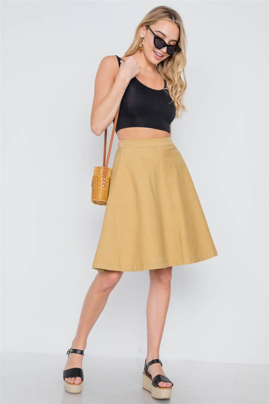 Khaki High Waist A-Line Solid Midi Skirt /2-2-1