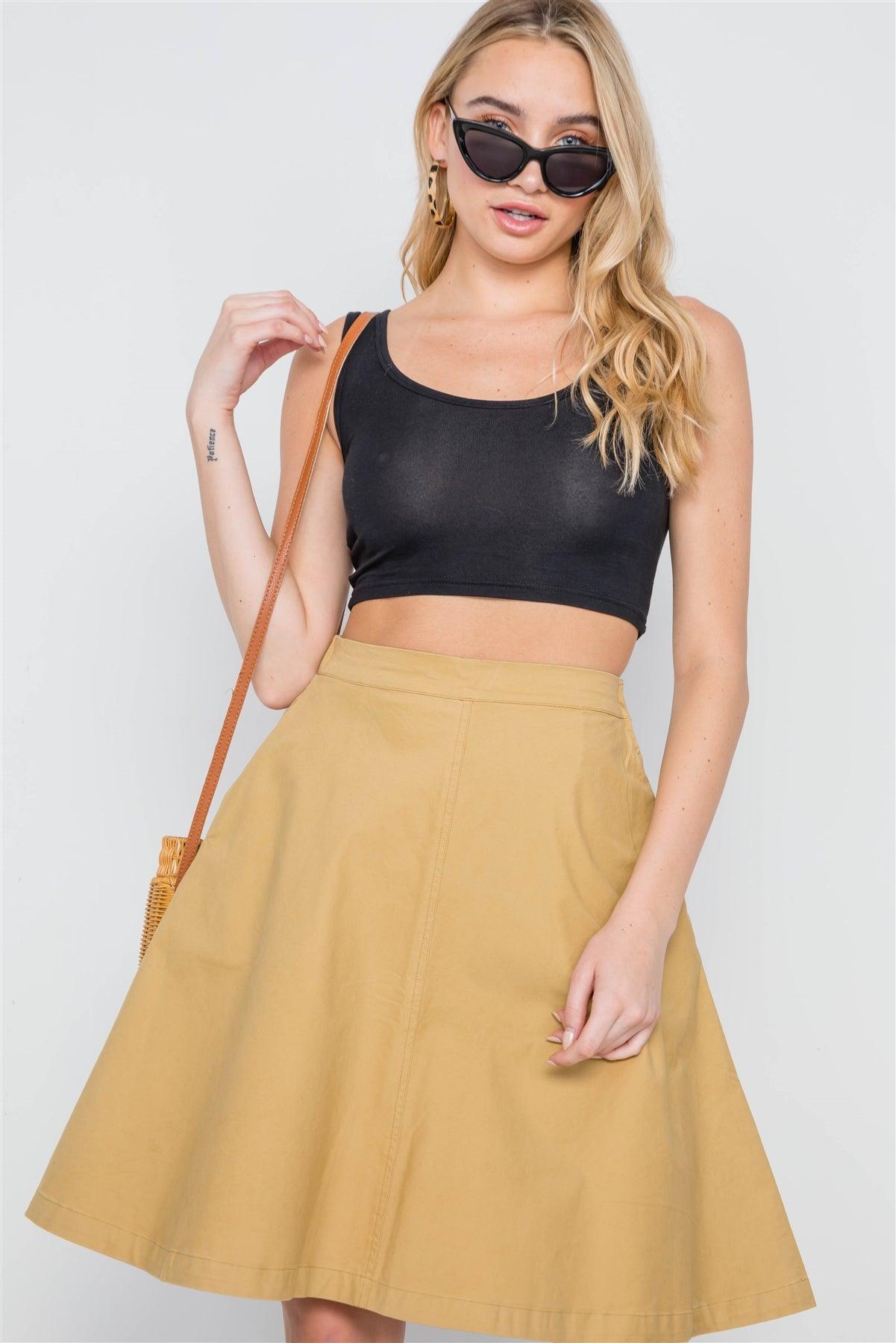 Khaki High Waist A-Line Solid Midi Skirt /2-2-1