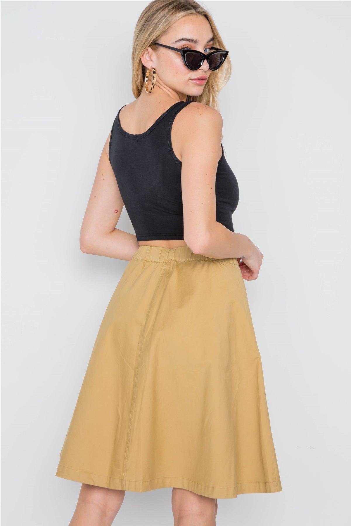 Khaki High Waist A-Line Solid Midi Skirt /2-2-1