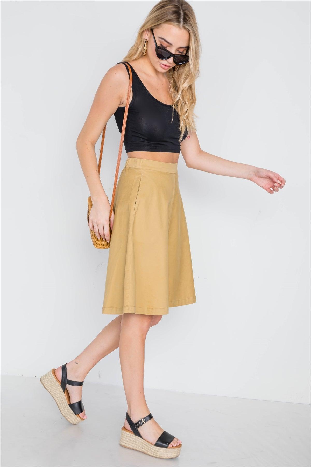 Khaki High Waist A-Line Solid Midi Skirt /2-2-1