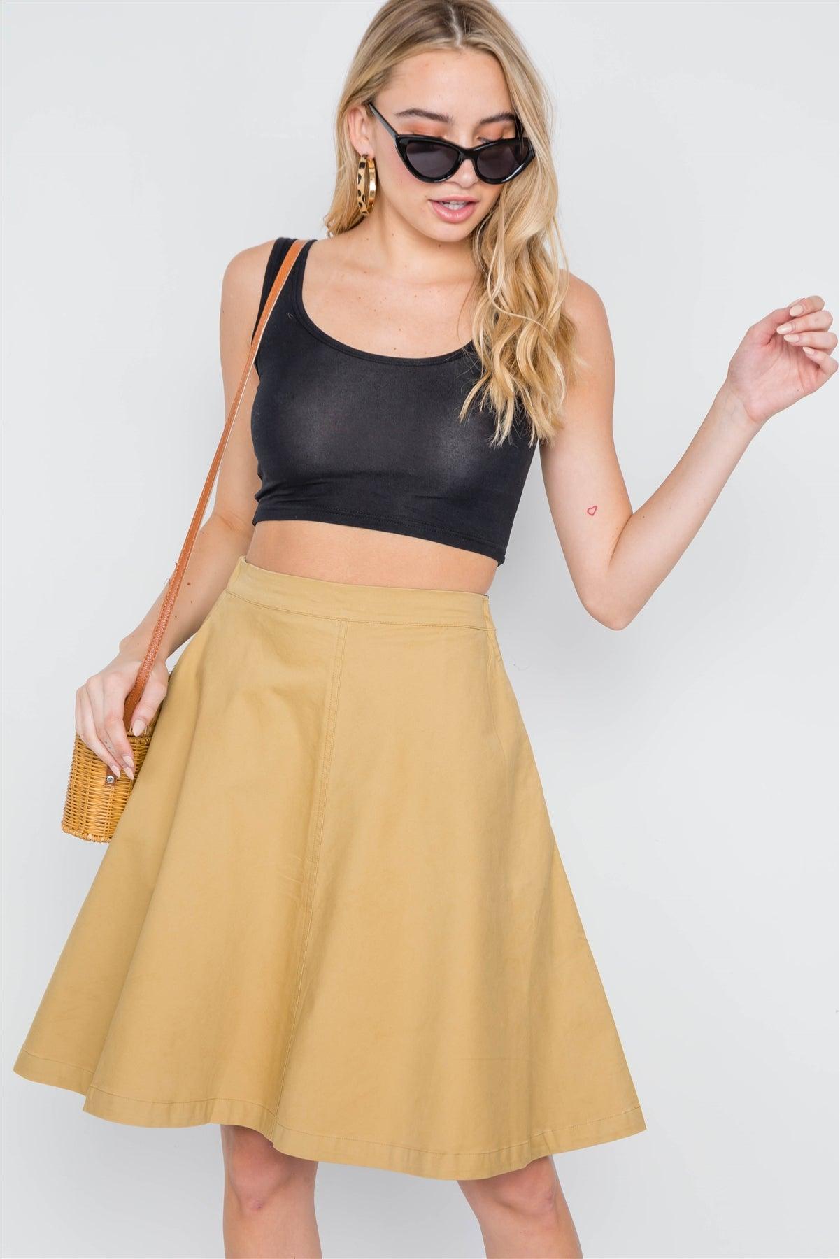 Khaki High Waist Solid A-Line Midi Skirt /1-2-2-1