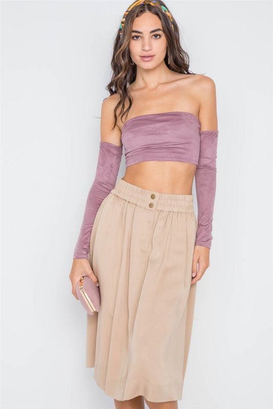 Khaki High-Waist Solid Midi Skirt /1-2-2-1