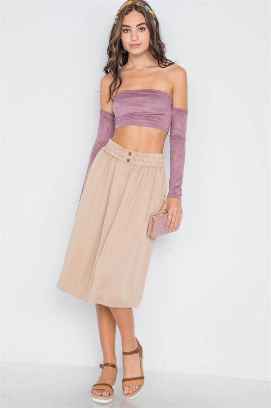 Khaki High-Waist Solid Midi Skirt  /1-1-3-1