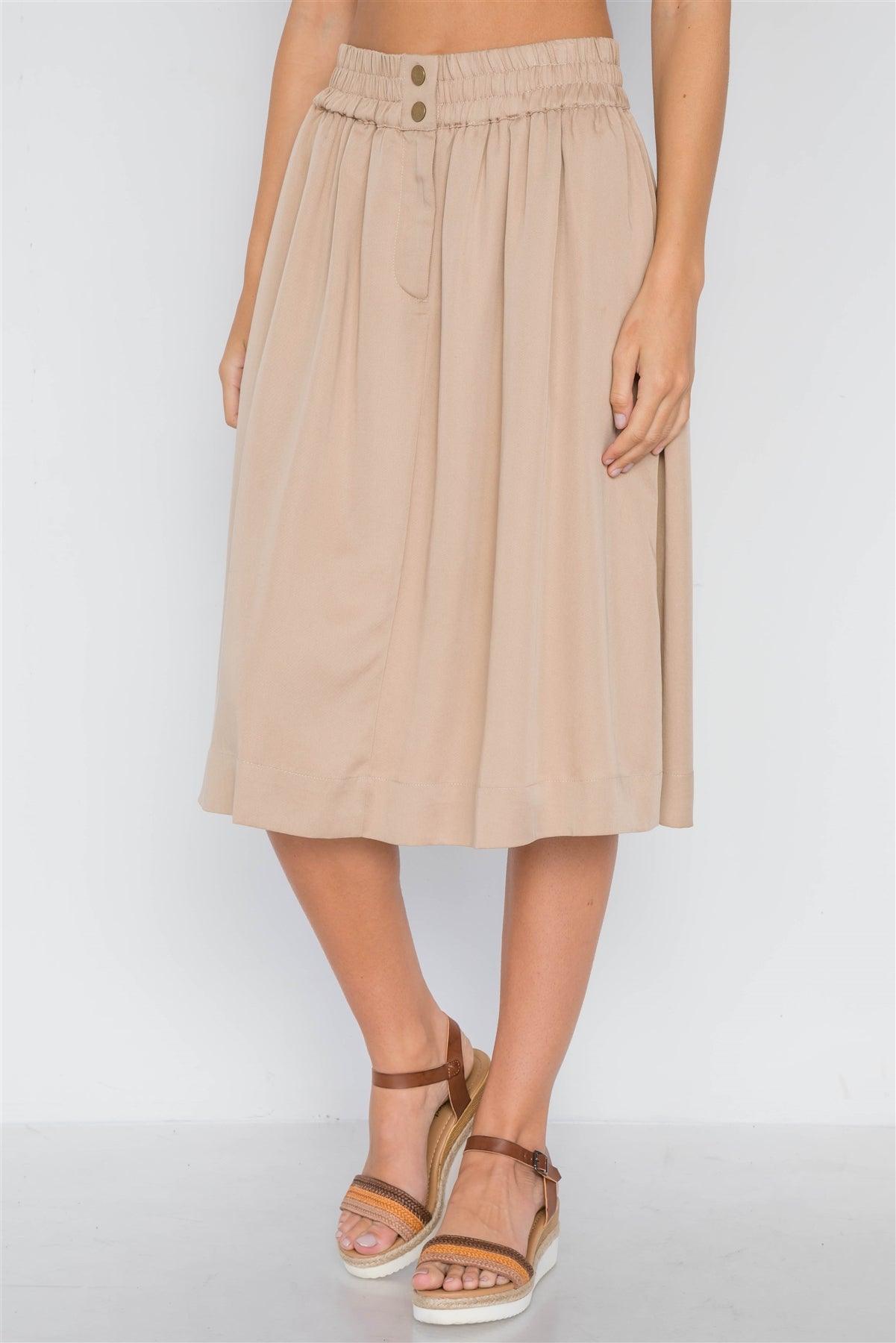 Khaki High-Waist Solid Midi Skirt  /1-1-3-1