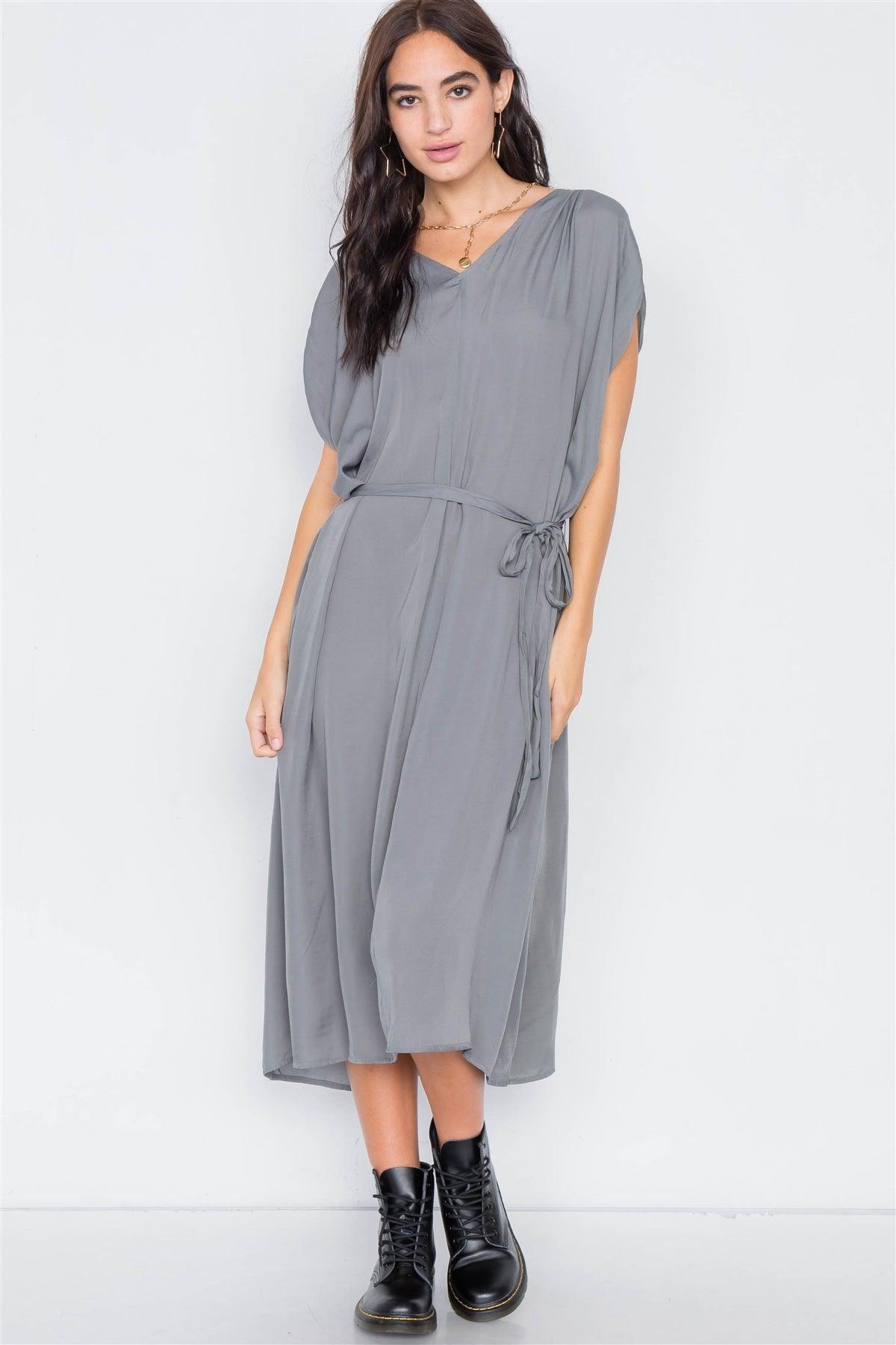 Olive Grey Satin High-Low Midi Dress /4-2