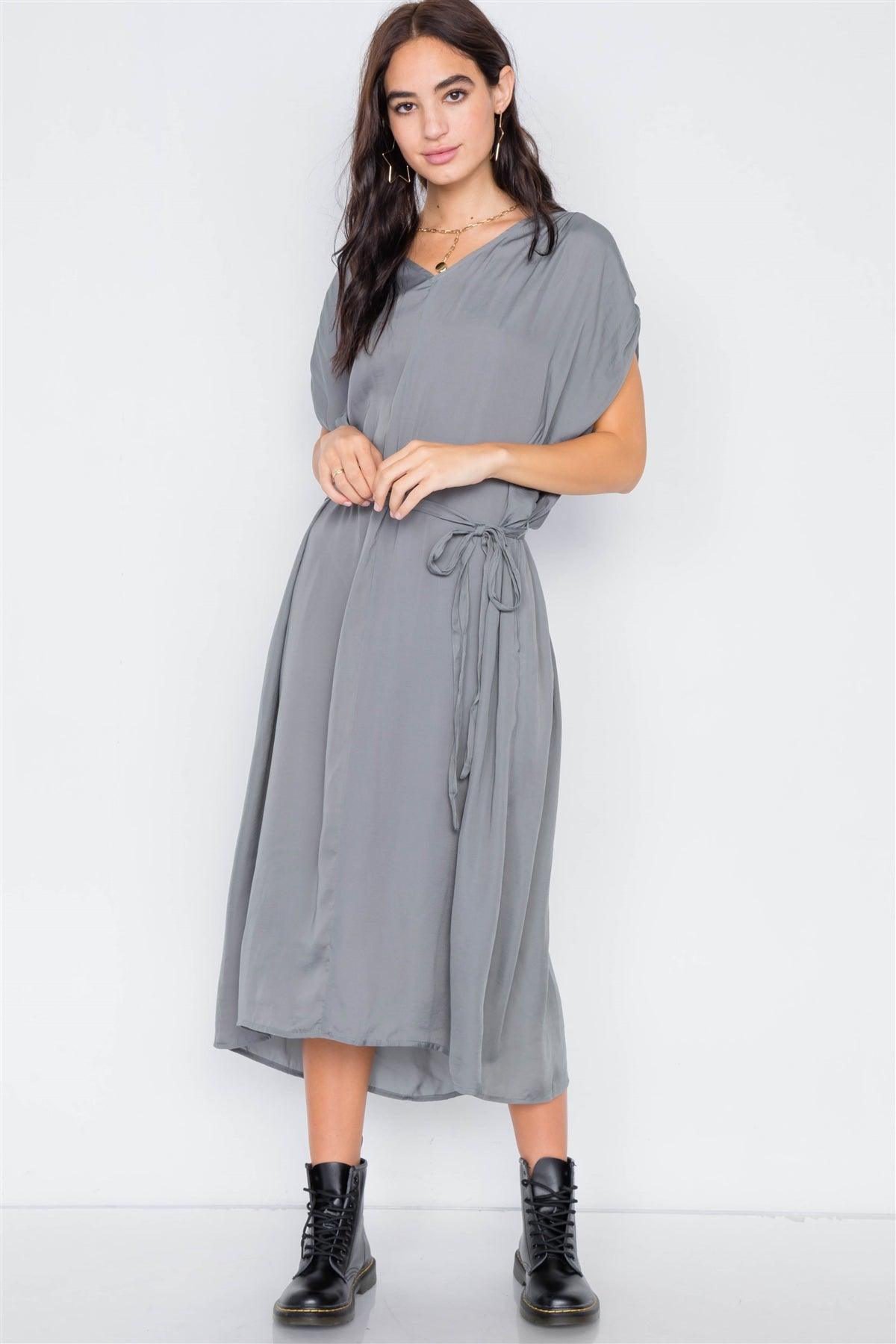 Olive Grey Satin High-Low Midi Dress /4-2