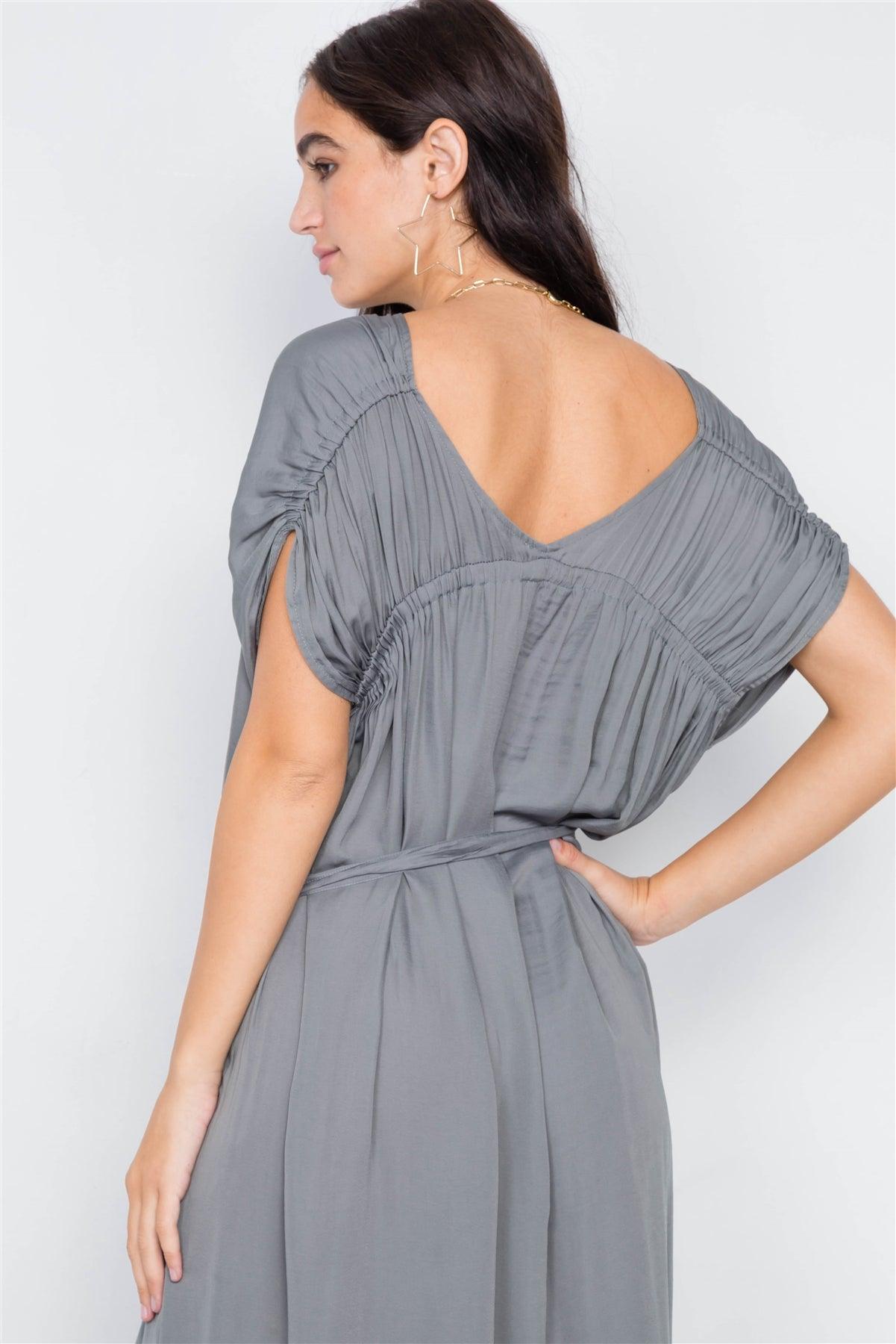 Olive Grey Satin High-Low Midi Dress /4-2