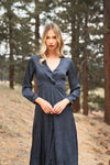 Eclipse Blue Satin Long Balloon Sleeve Wrap V-Neck Midi Dress /3-2-1