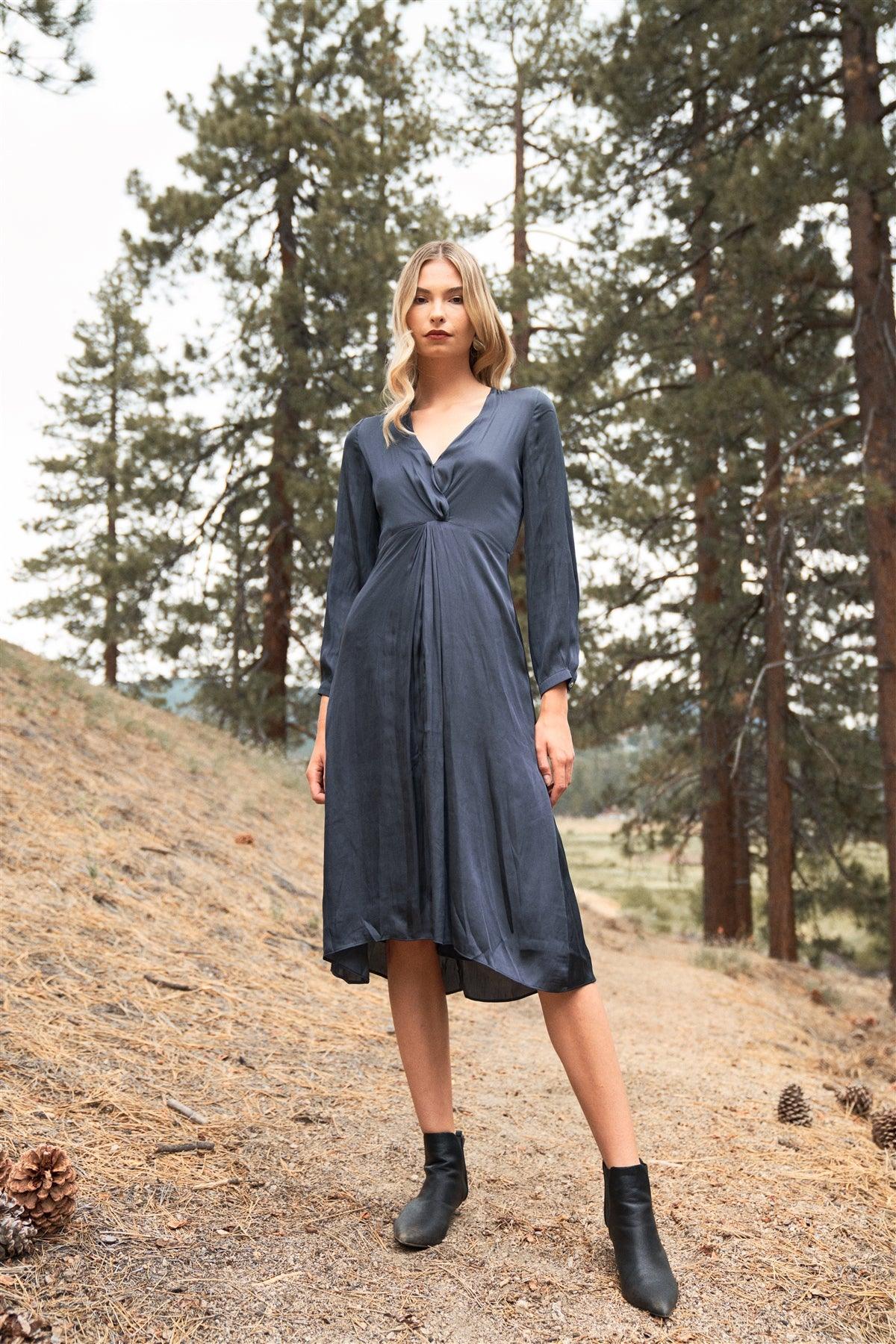 Eclipse Blue Satin Long Balloon Sleeve Wrap V-Neck Midi Dress /3-2-1