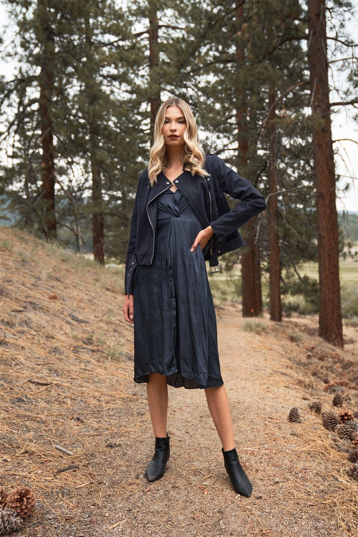 Eclipse Blue Satin Long Balloon Sleeve Wrap V-Neck Midi Dress /3-2-1