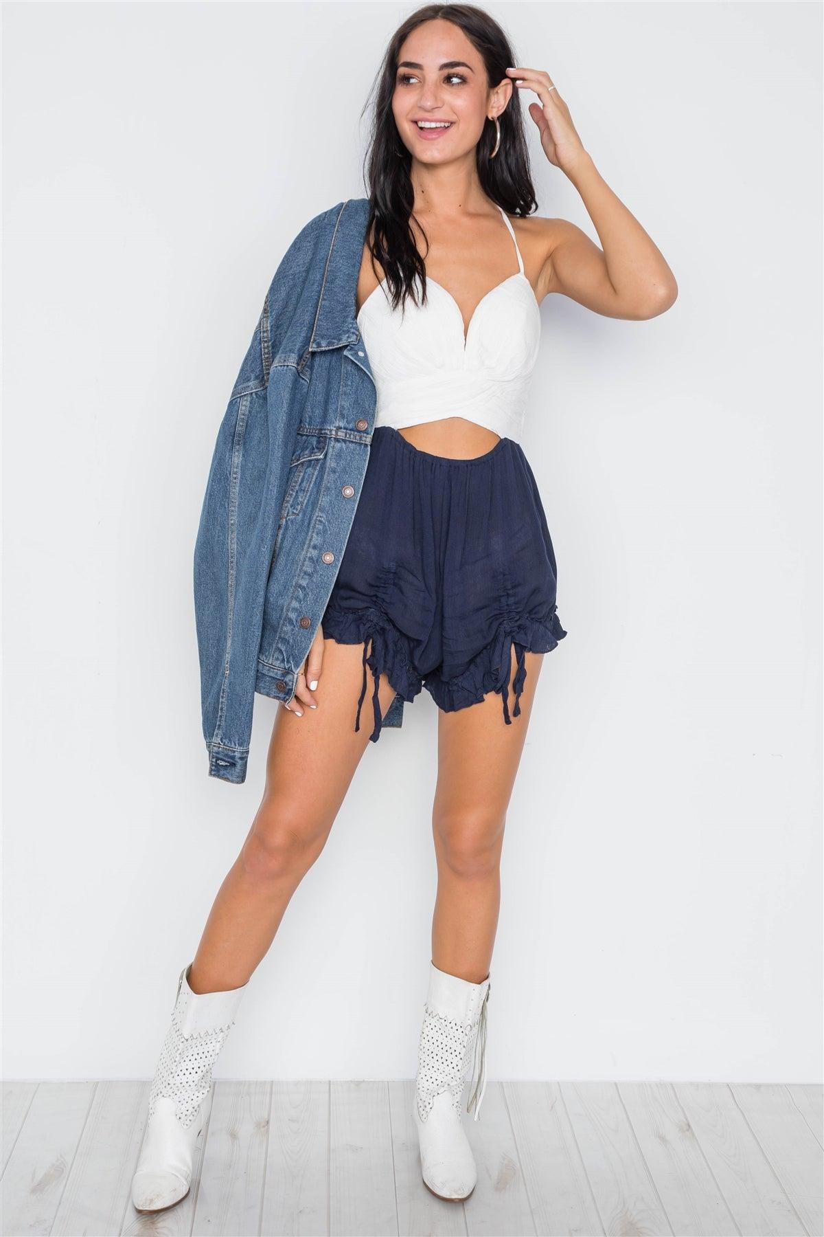 White Navy Combo Cami Ruffle Shirred Cami Romper /1-2-1