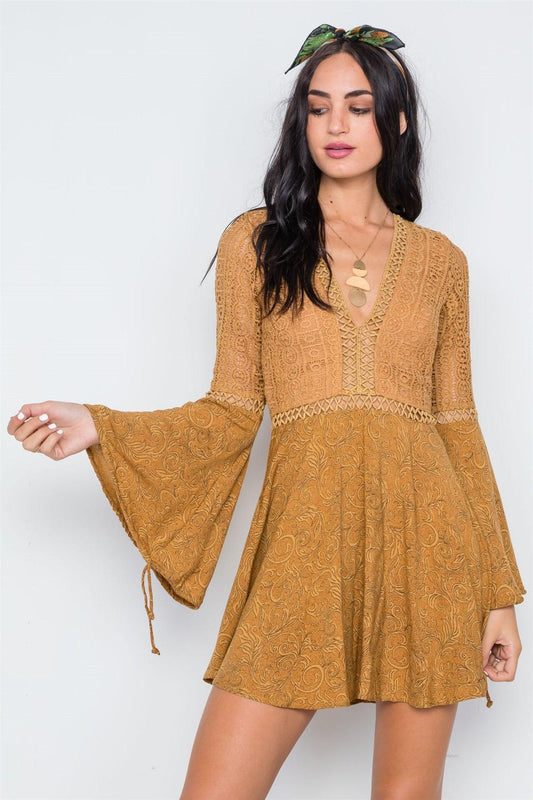 Tan Crochet Bell Sleeves V-Neck Boho Mini Dress /1-3-2-1