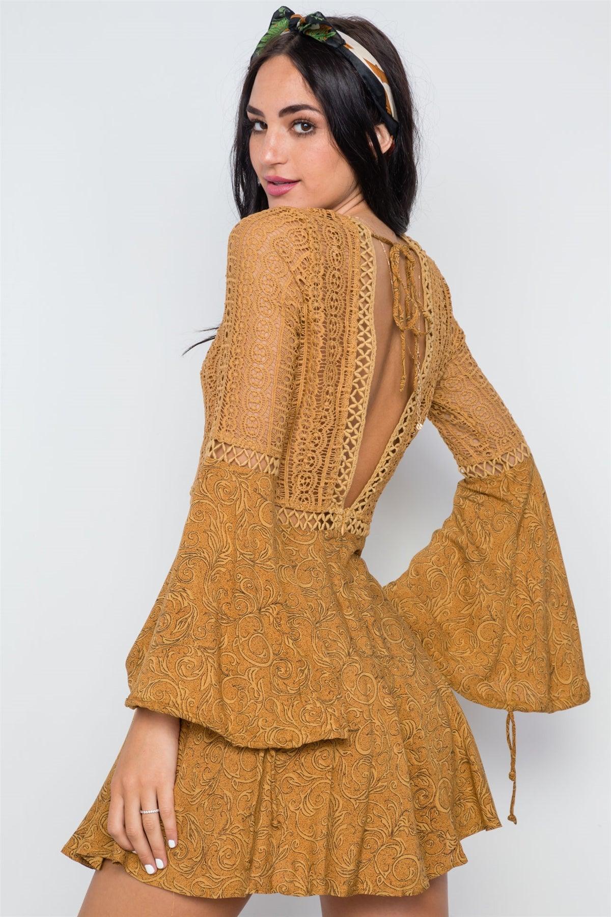 Tan Crochet Bell Sleeves V-Neck Boho Mini Dress /1-3-2-1