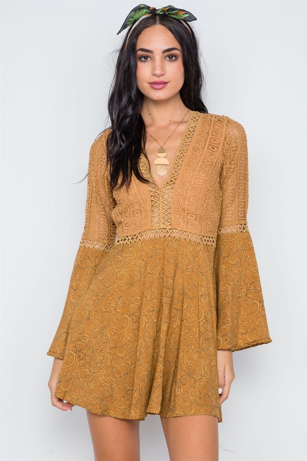 Tan Crochet Bell Sleeves V-Neck Boho Mini Dress /1-3-2-1