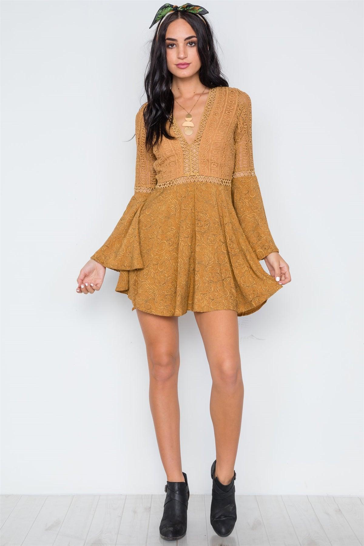 Tan Crochet Bell Sleeves V-Neck Boho Mini Dress /1-3-2-1