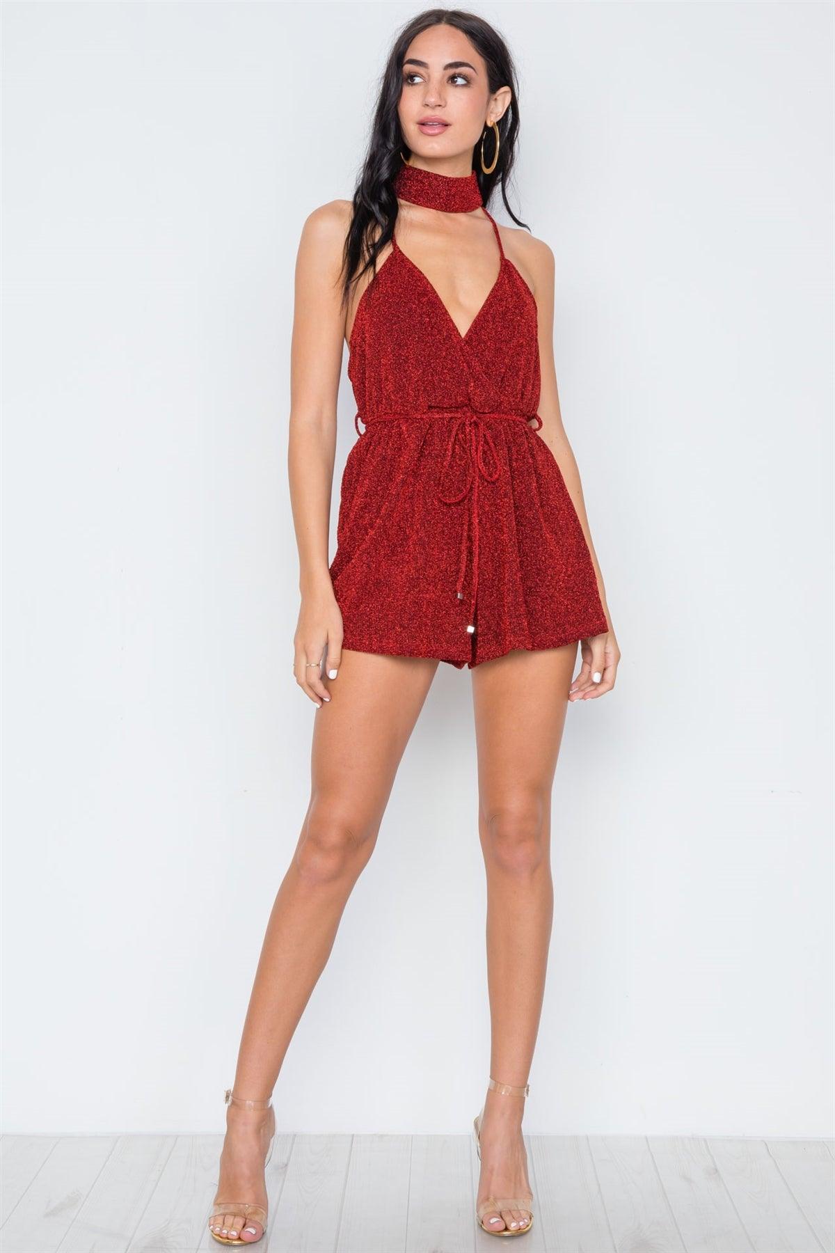 Red Mock Neck Cami Evening Romper /1-3-2-1