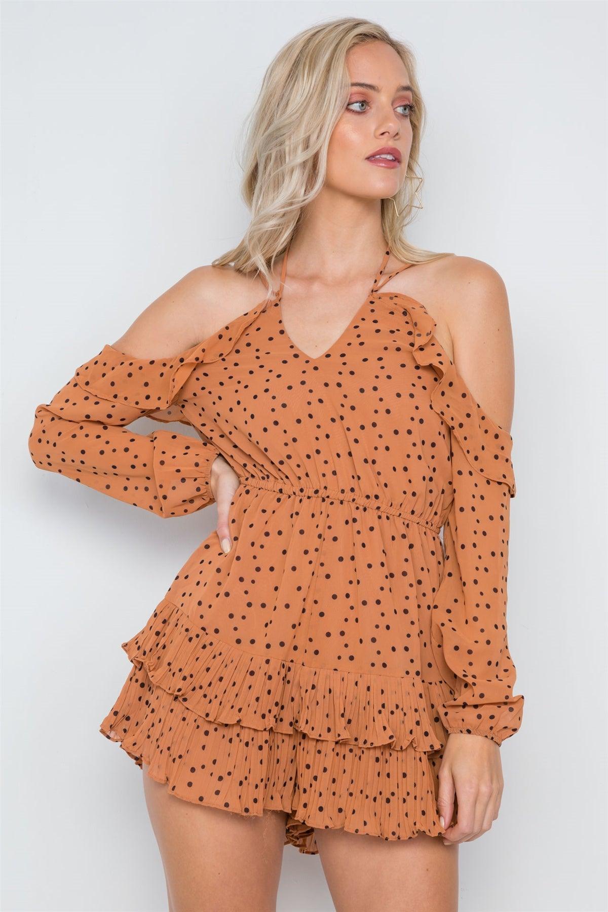 Mocha Chiffon Cold Shoulder Cami Polka Dot Romper /1-3-2-1