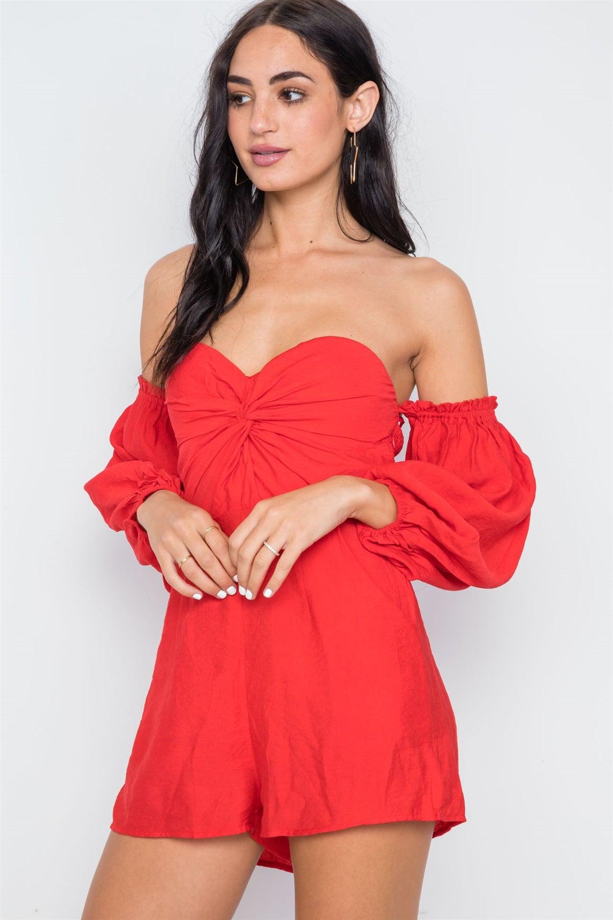 Red Sweetheart Neckline Puff Sleeves Romper /2-2-1