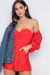 Red Sweetheart Neckline Puff Sleeves Romper /1-3-2-1