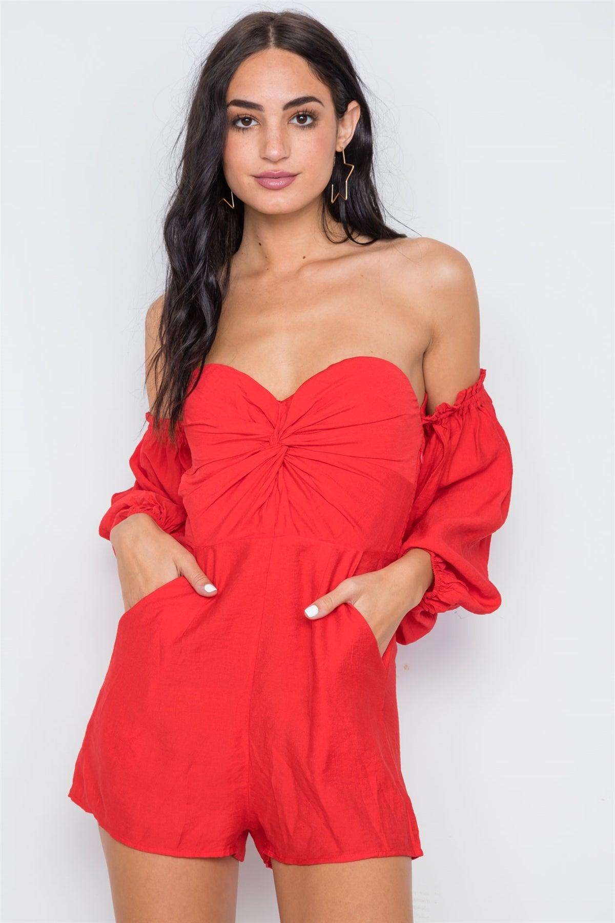 Red Sweetheart Neckline Puff Sleeves Romper /1-3-2-1