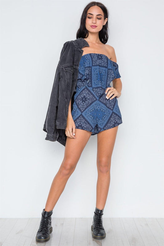 Navy Bandana Print Off-The-Shoulder Flounce Romper /2-1-1