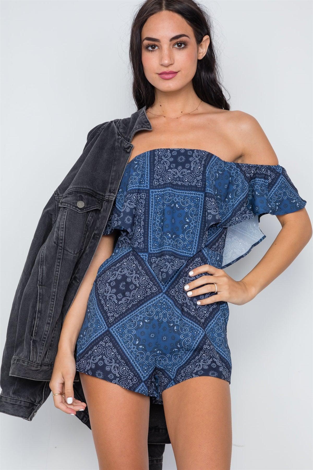 Navy Bandana Print Off-The-Shoulder Flounce Romper /2-1-1