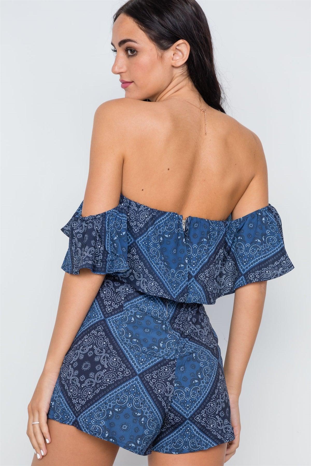 Navy Bandana Print Off-The-Shoulder Flounce Romper /2-1-1