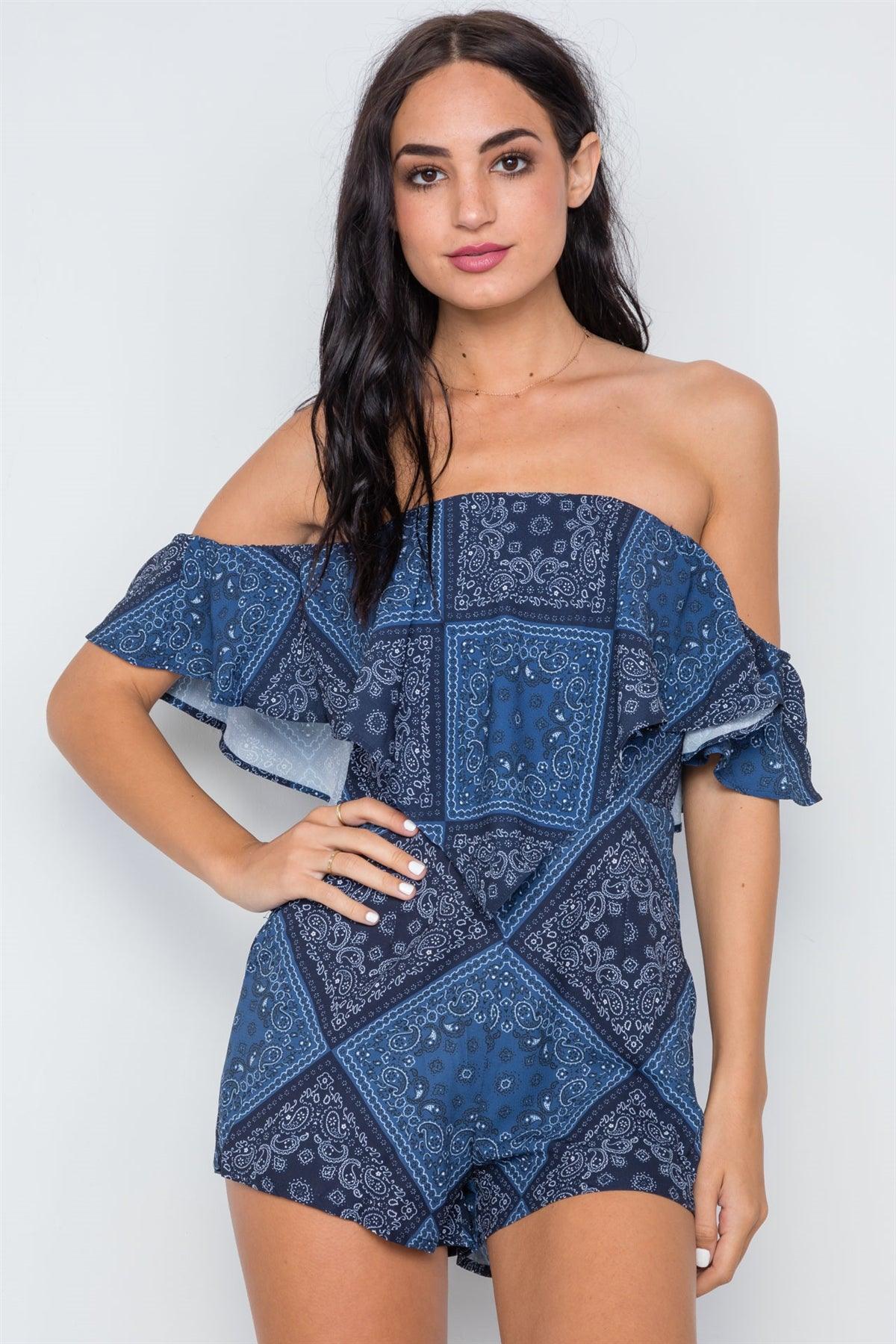 Navy Bandana Print Off-The-Shoulder Flounce Romper /1-3-2-1