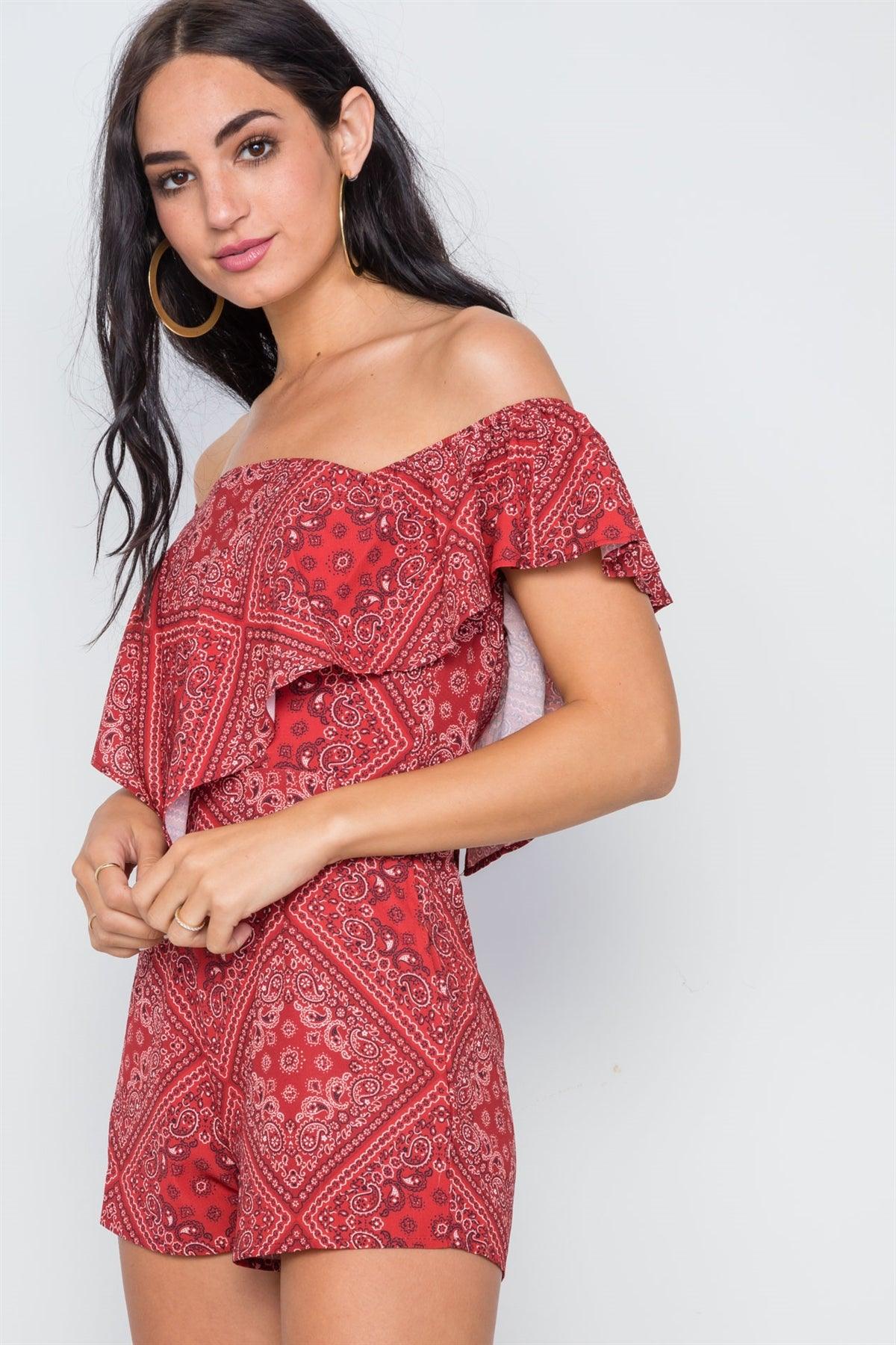 Red Bandana Print Off-The-Shoulder Flounce Romper /1-1-1-1