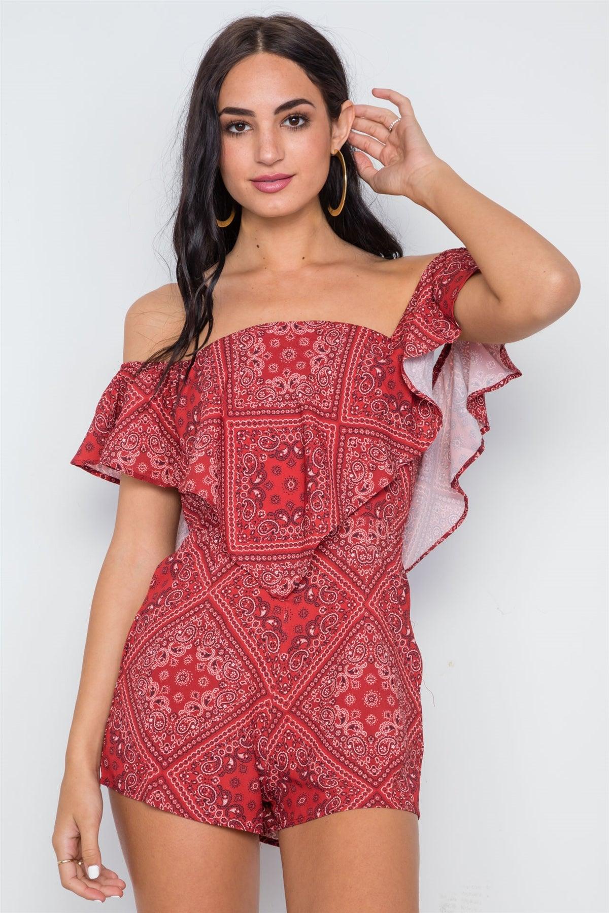 Red Bandana Print Off-The-Shoulder Flounce Romper /1-1-1-1