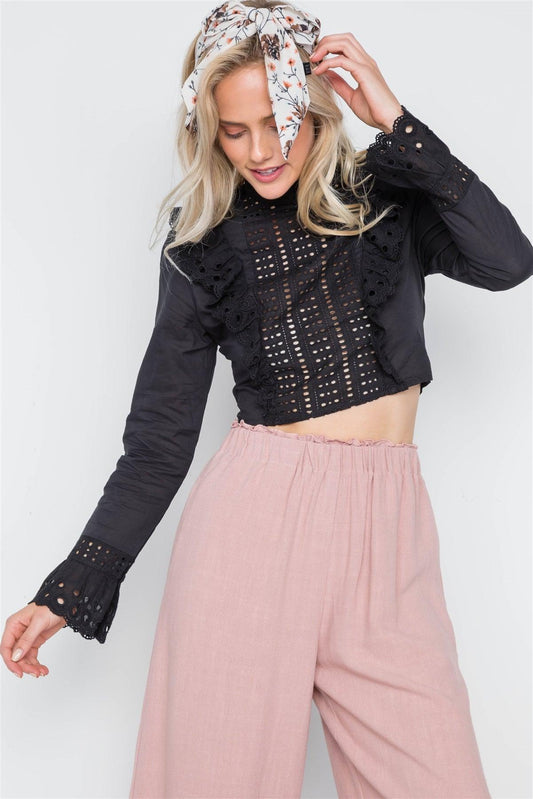 Black Ruffle Embroidery Mock-Neck Crop Top /2-2-1