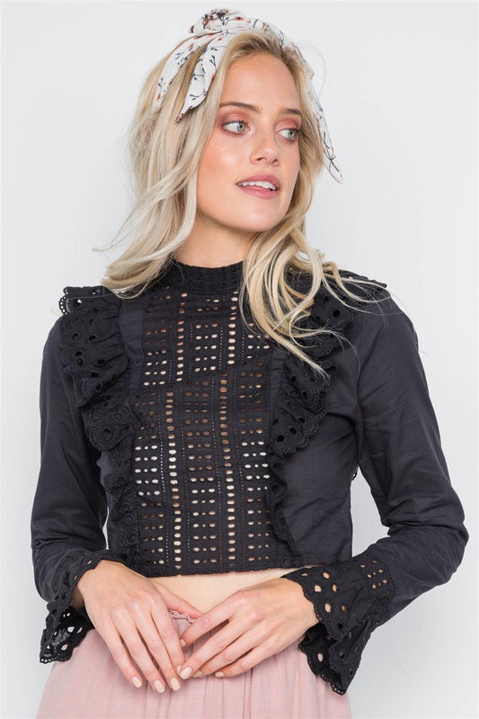 Black Ruffle Embroidery Mock-Neck Crop Top /1-3-2-1