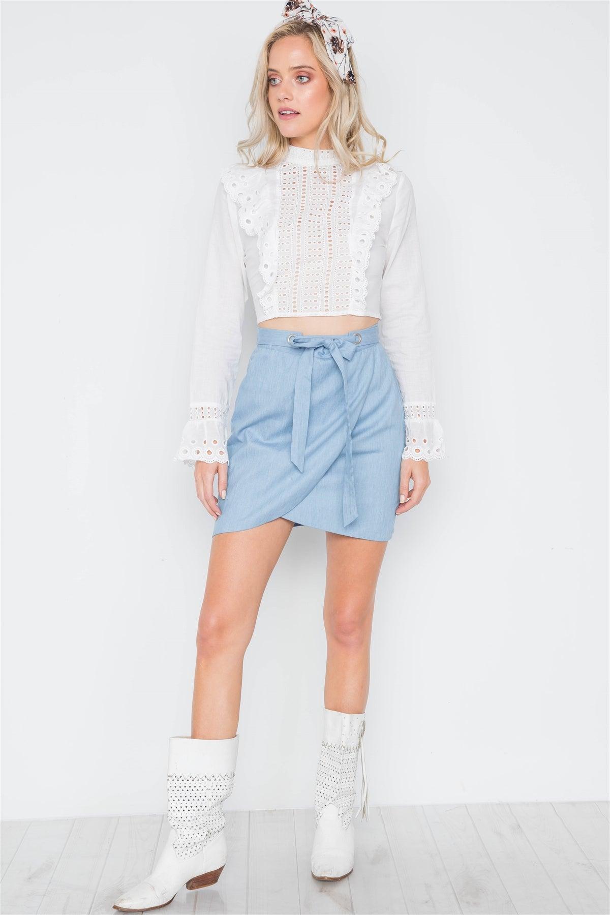 White Ruffle Embroidery Mock-Neck Crop Top /3-2-1