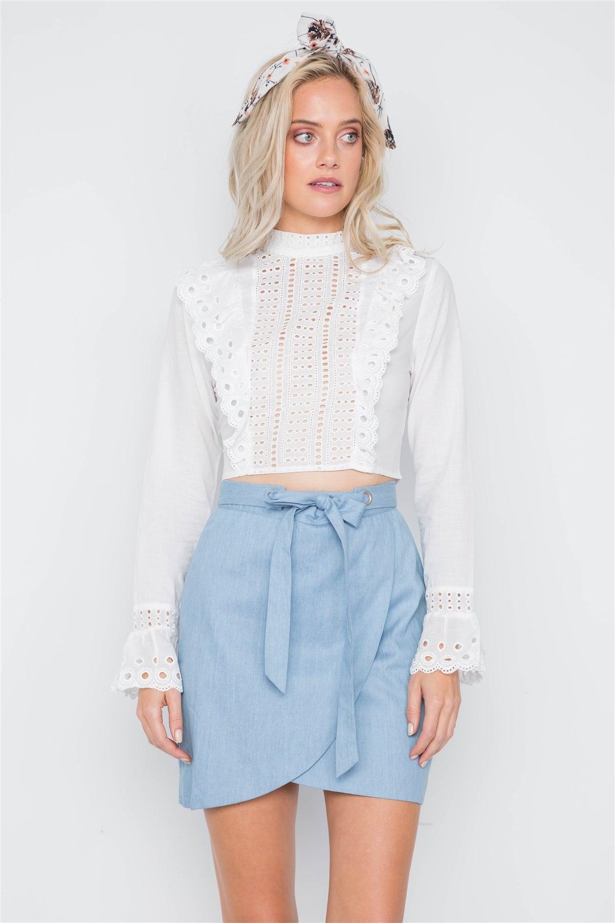 White Ruffle Embroidery Mock-Neck Crop Top /3-2-1