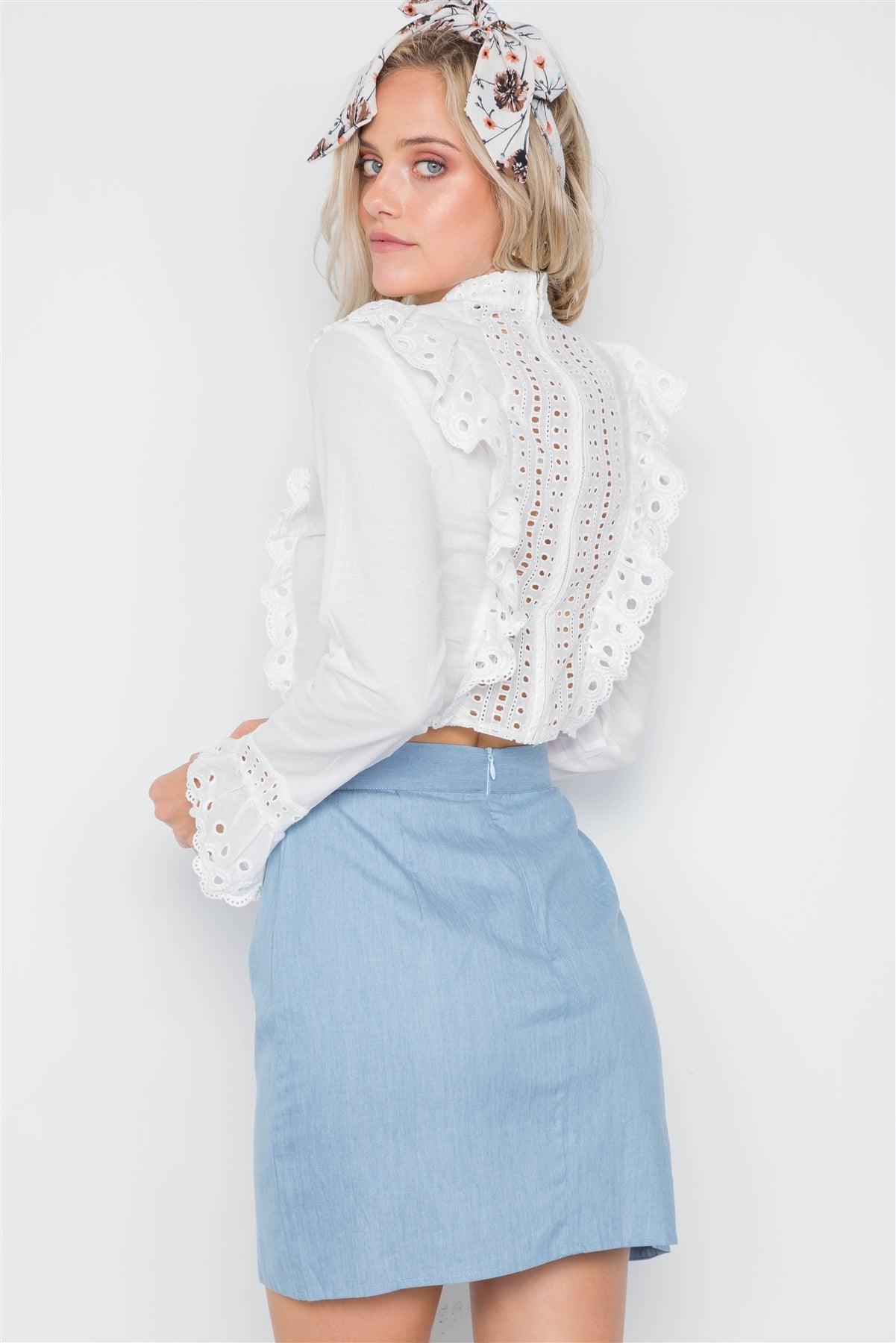 White Ruffle Embroidery Mock-Neck Crop Top /1-3-2-1