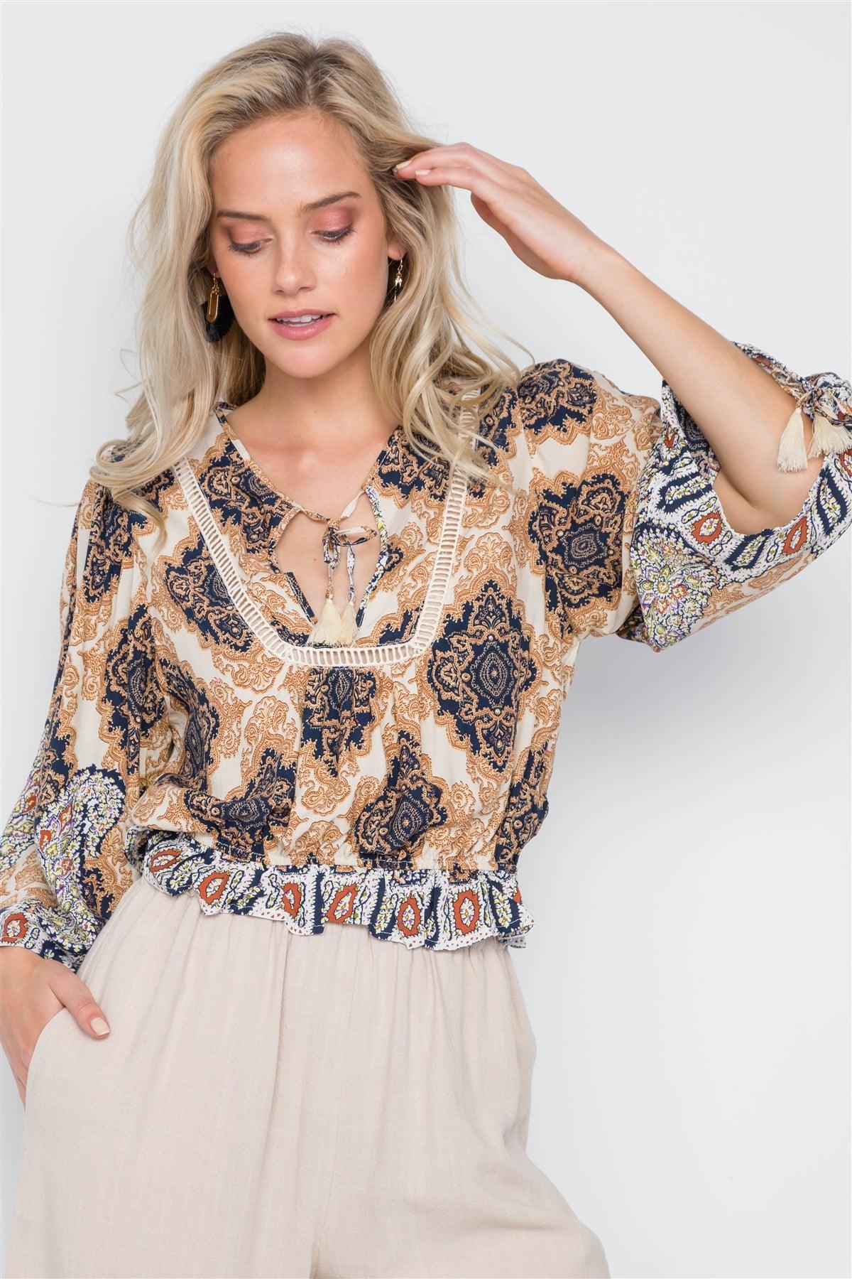 Beige Multi Print Bell Sleeve Crop Boho Top /1-3-2-1