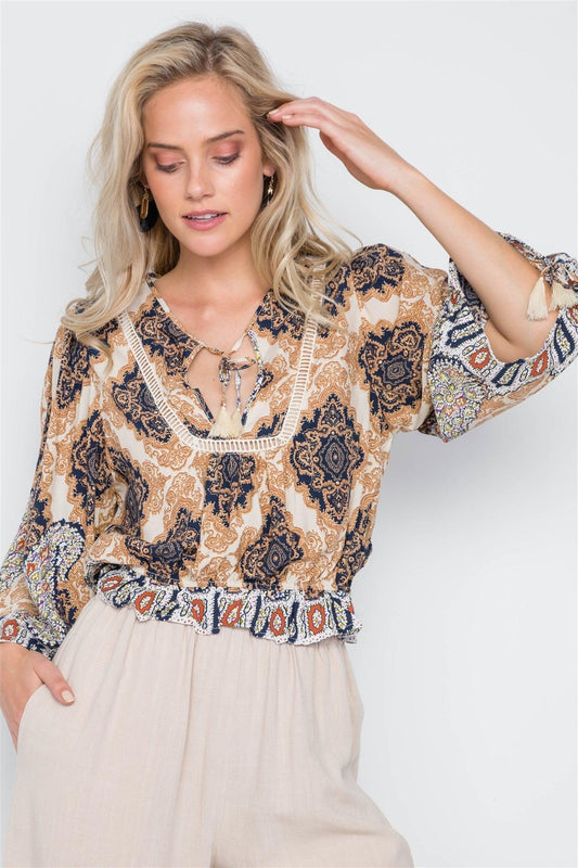 Beige Multi Print Bell Sleeve Crop Boho Top /1-3-2-1