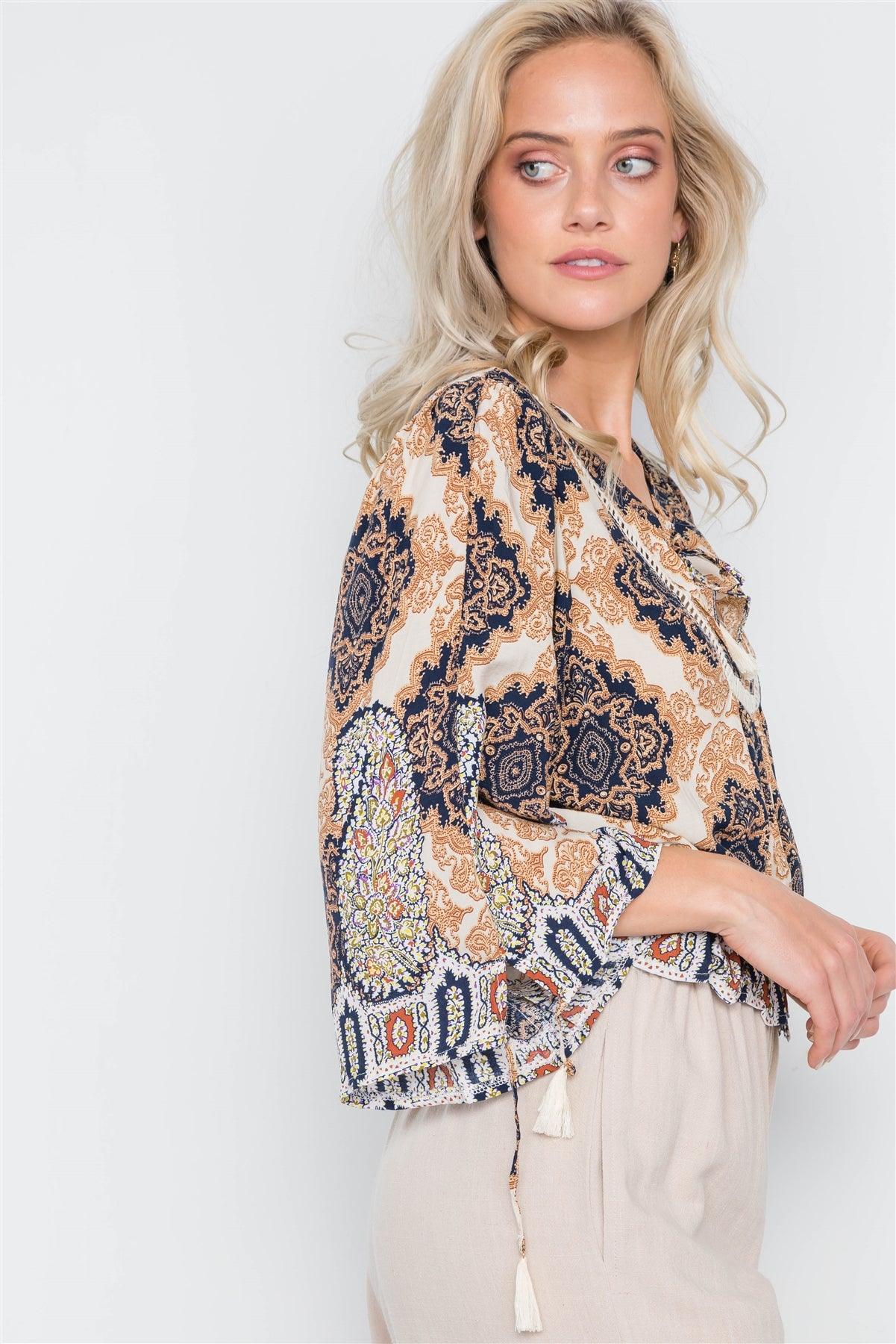 Beige Multi Print Bell Sleeve Crop Boho Top /1-3-2-1