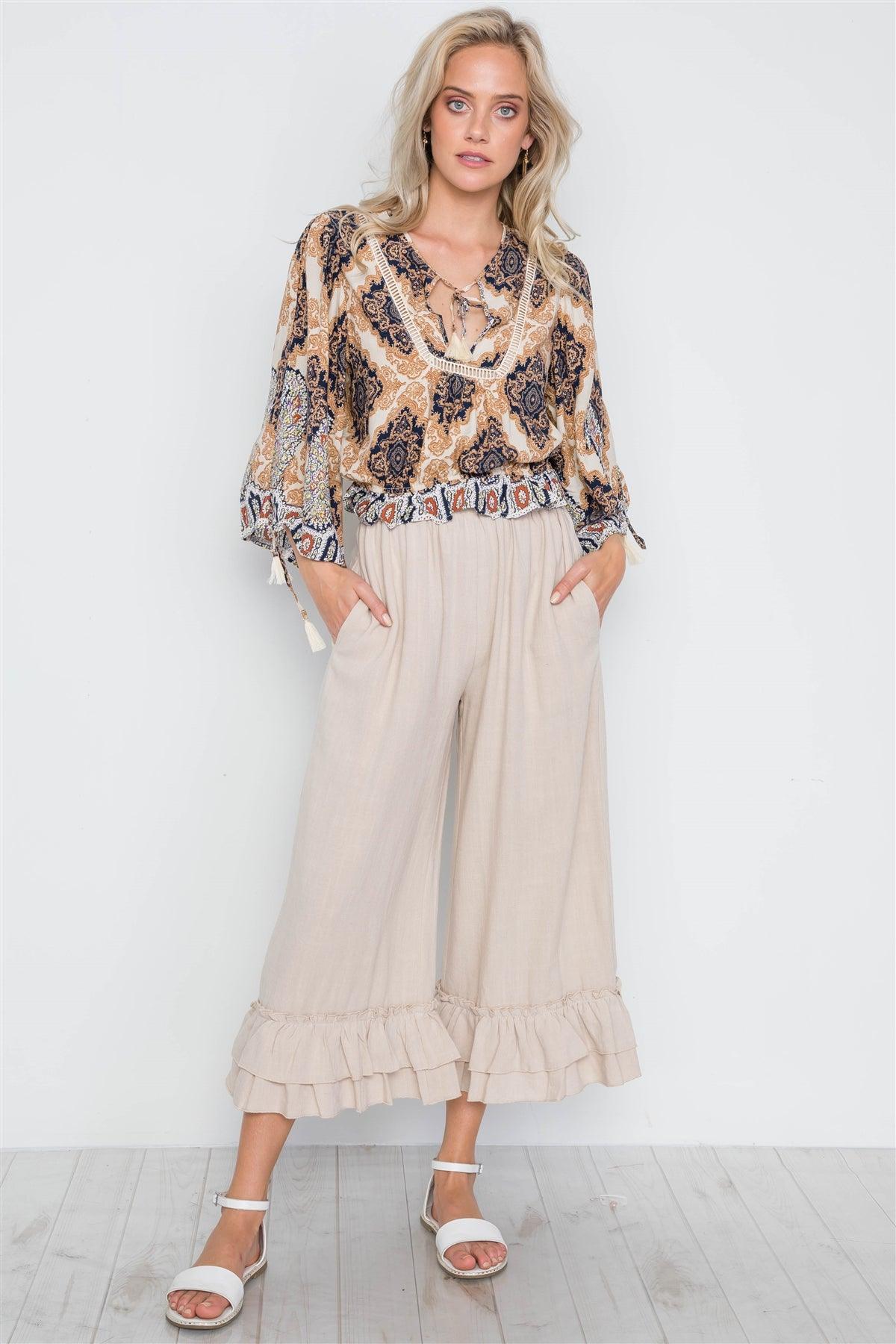 Beige Multi Print Bell Sleeve Crop Boho Top /1-3-2-1