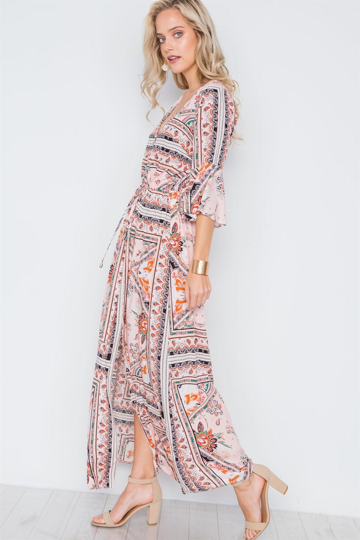 Pink Multi Print Front Slit Bell Sleeve Maxi Boho Dress /1-1-2-1-1