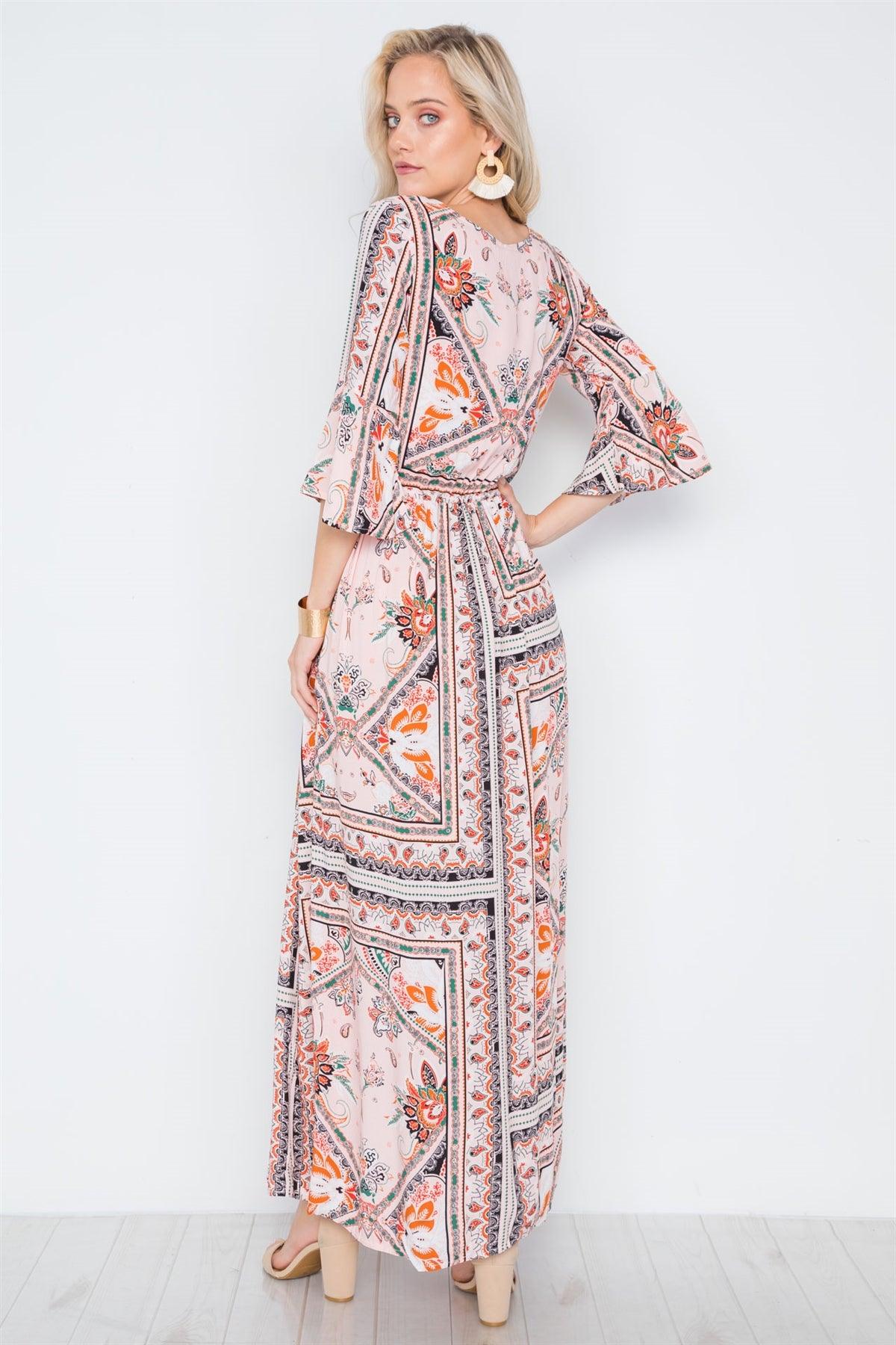 Pink Multi Print Front Slit Bell Sleeve Maxi Boho Dress /1-1-2-1-1